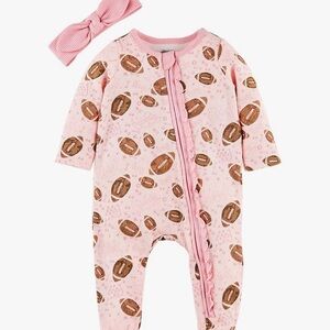 Mud Pie Pink and Brown Football Print Footies
